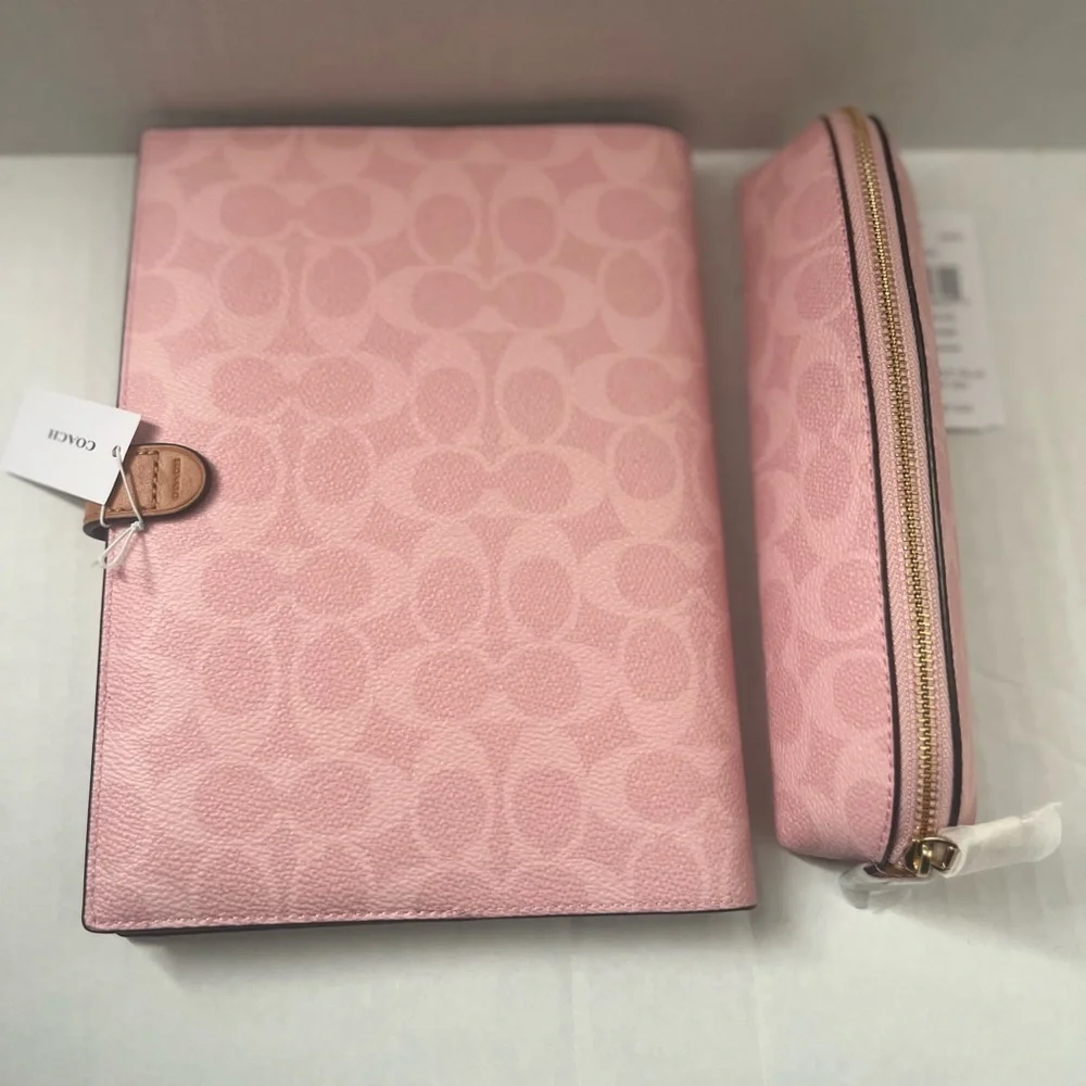 New Coach Notebook In Signature Canvas Gold/Powder Pink CEA49+pencil case CEA52